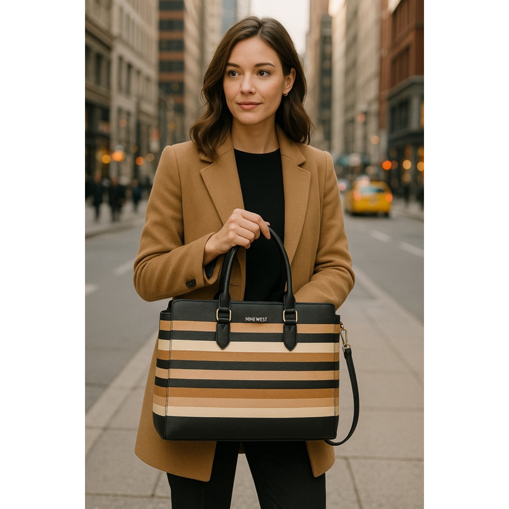 Nine West Striped Satchel Handbag – Black, Brown & Tan Faux Leather Tote